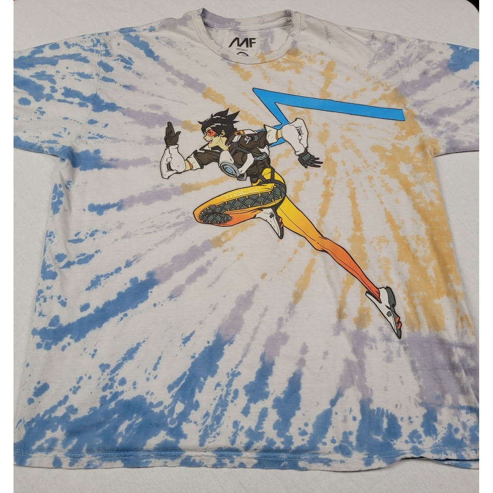 Mighty Fine Men's Overwatch Tracer Blue Yellow Tie-Dye Graphic Print T-Shirt XXL